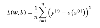 <p>The objective function to be optimized in the case of Adaline is the loss function, L, used to learn the model parameters knows as the mean squared error (MSE) function, which calculates the mean squared error between the calculated outcome and the true class label. </p><p>A few things to note about the MSE</p><ul><li><p>it’s a continuous linear activation function in contrast to the unit step function</p></li><li><p>it’s differentiable</p></li><li><p>it’s convex, allowing us to use gradient descent to find the weights that minimize the loss function by finding the global minimum</p></li></ul><p></p>