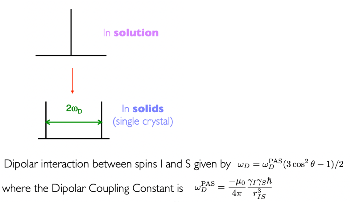 <p>solutions = orientations of magnetic dipoles averaged = <u>no interaction</u></p><p>solids = orientations of magnetic dipoles constant = interaction</p><p>split by the dipolar coupling constant</p>