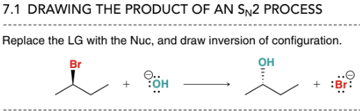 <p>Leaving group is replaced with the nucleophile and the chiral center configuration is inverted</p>