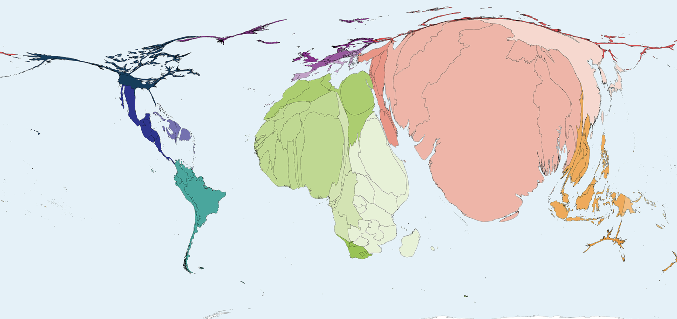 <p>A type of thematic map that transforms space such that the political unit with the greatest value for some type of data is represented by the largest relative area.</p><p>(Map where geographic size is altered to be directly proportional to a selected variable.)</p>