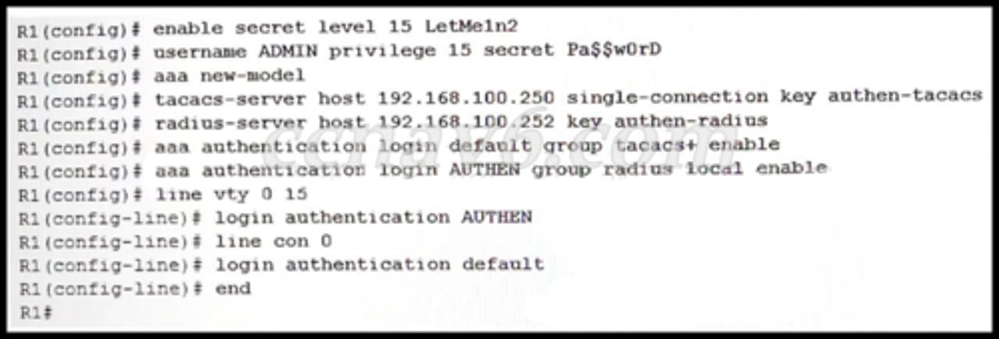 <p>Refer to the exhibit. A network administrator configures AAA authentication on R1. The administrator then tests the configuration by telneting to R1. The ACS servers are configured and running. What will happen if the authentication fails?</p><p>a) The enable secret password could be used in the next login attempt.</p><p>b) The authentication process stops.</p><p>c) The username and password of the local user database could be used in the next login attempt.</p><p>d) The enable secret password and a random username could be used in the next login attempt.</p>