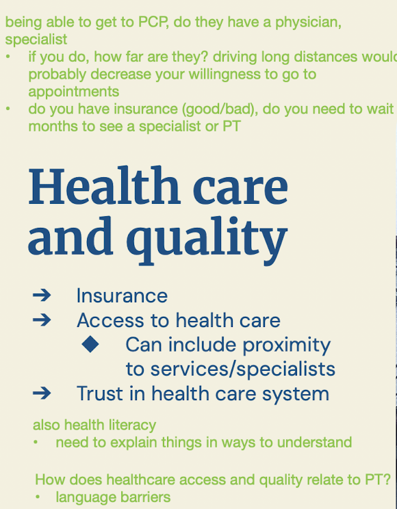 <ol><li><p>insurance</p></li><li><p>access to health care</p><ul><li><p>can include proximity to services/specialists</p></li></ul></li><li><p>trust in health care system</p></li></ol><p></p>