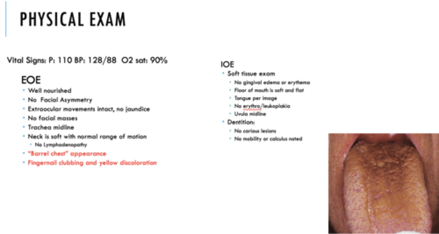 <p>- "Barrel chest" appearance</p><p>- Fingernail clubbing and yellow discoloration</p><p>- Tongue per image</p>