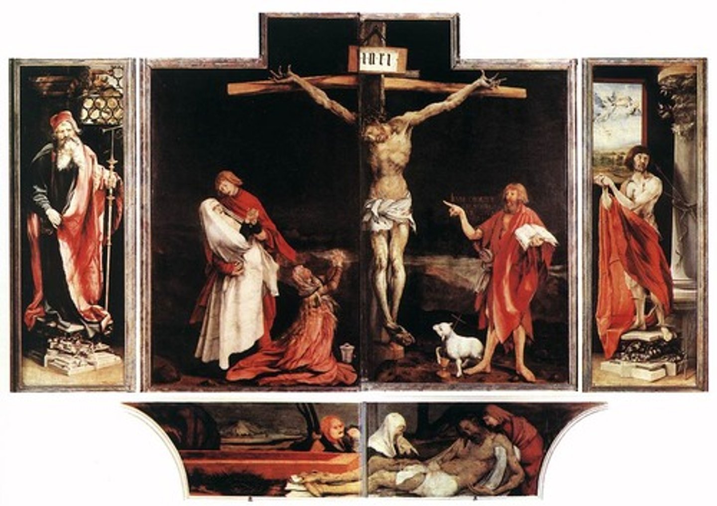 <p>Matthias Grunewald. Isenheim, Germany. 1512-1516 CE. Oil on wood. Triptych.<br><br>Commissioned for a hospital (which explains the illusion of Jesus being "amputated" in the predella of the triptych). St. Anthony's monastery. Closed view: crucifixion. Open view: Annunciation and Resurrection. Inner wings open: St. Paul and St. Anthony. Predella depicts Lamentation of Christ. Last altarpiece of the period due to rise in Protestantism.</p>