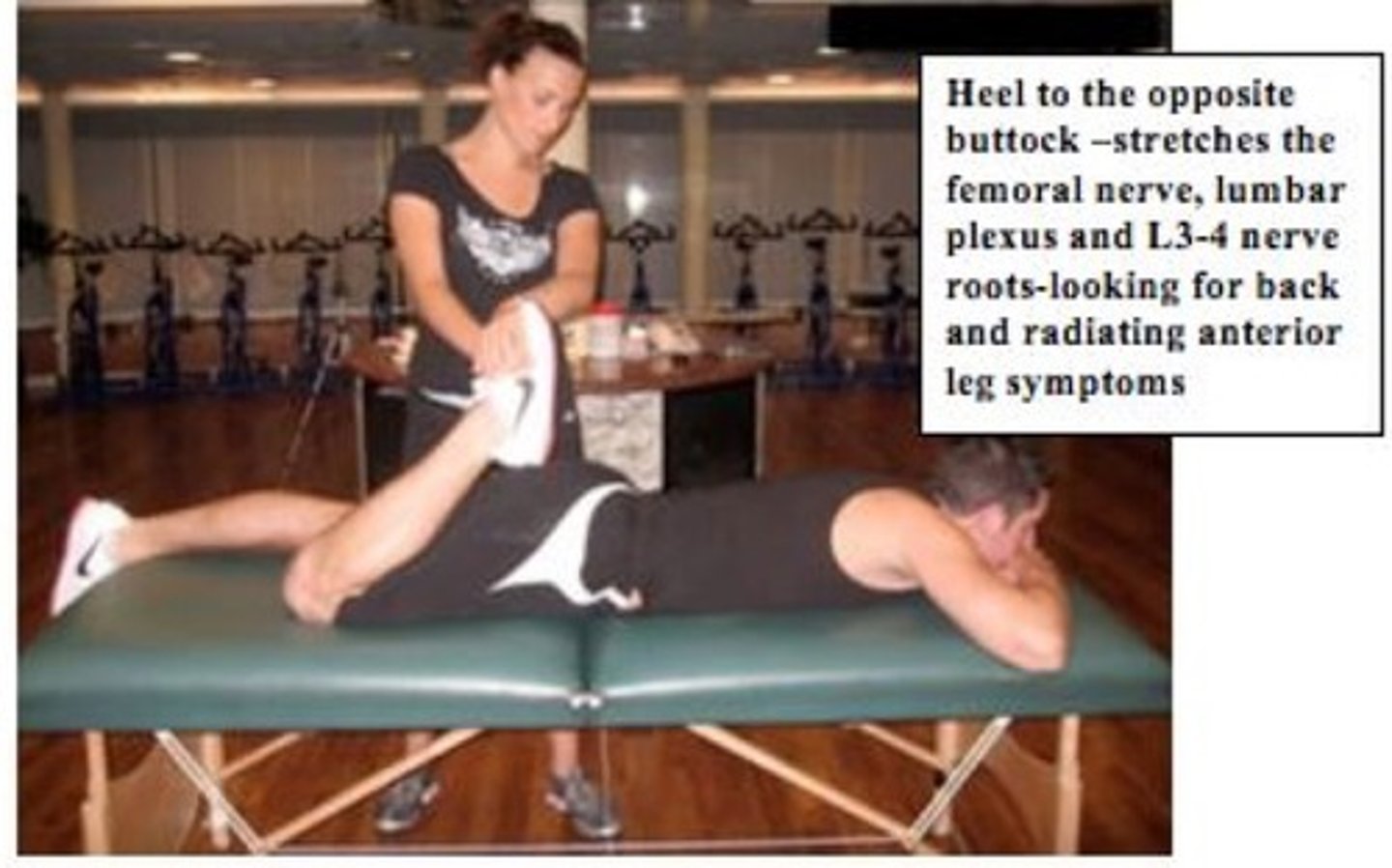 <p>Patient prone. Heel to opposite buttock.</p><p>Positive: Pain -> Hip Lesion</p>