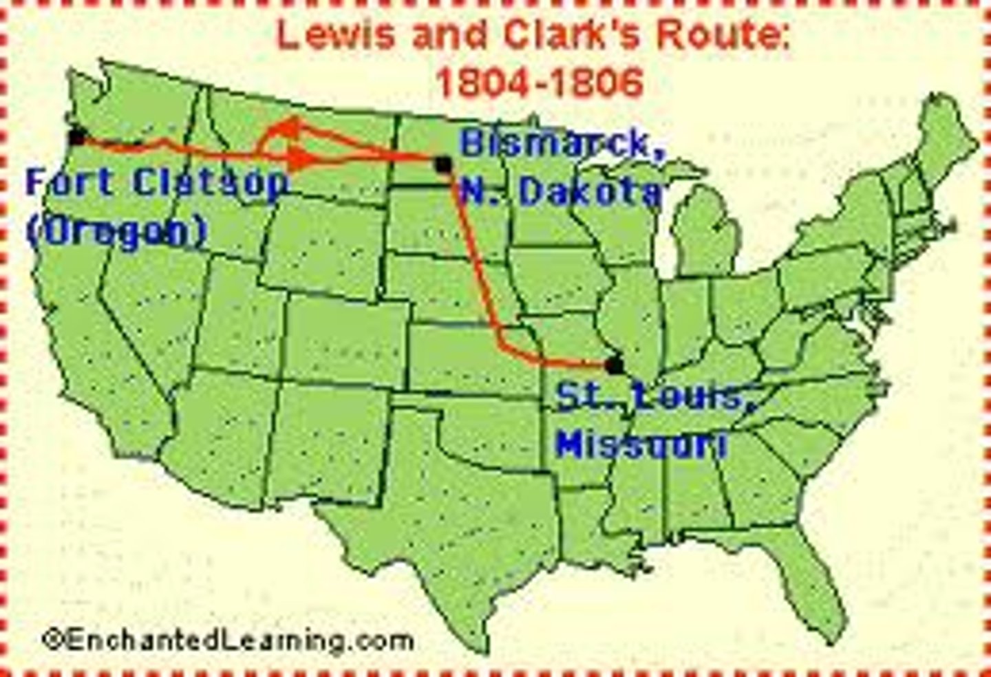 <p>St. Louis, Missouri, to the mouth of the Columbia River in Oregon.</p>