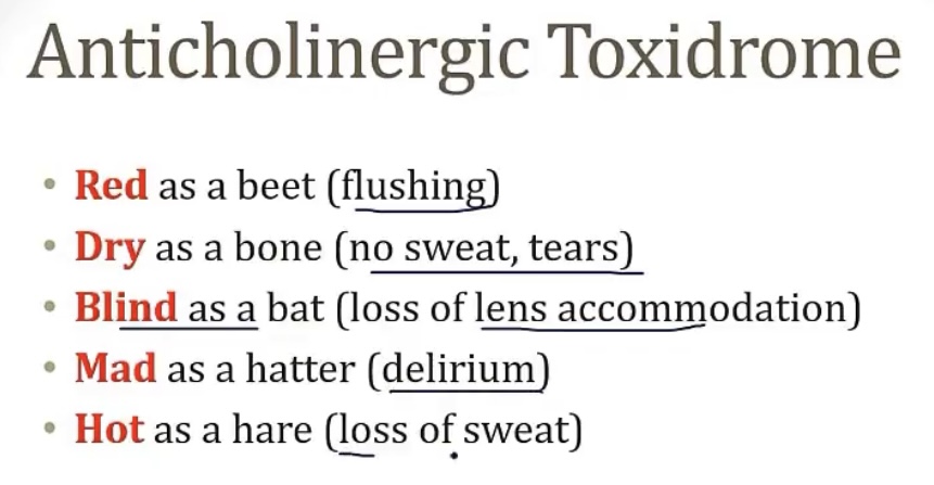 <p>•Red(flushing)</p><p>•Dry(no sweat, tears)</p><p>•Blind</p><p>•Mad(delirium)</p><p>•Hot(from loss of sweat)</p><p>-antihistamines, TCAs, atropine; jimson weed; atropine</p><p>-physostrigmine; AchE; Ach</p>