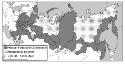 <p><span><span>Compare the centralized power of the Soviet Union with the contemporary Russian Federation, in terms of the control of territory. Which of the following statements does the information in the map best support?</span></span></p>