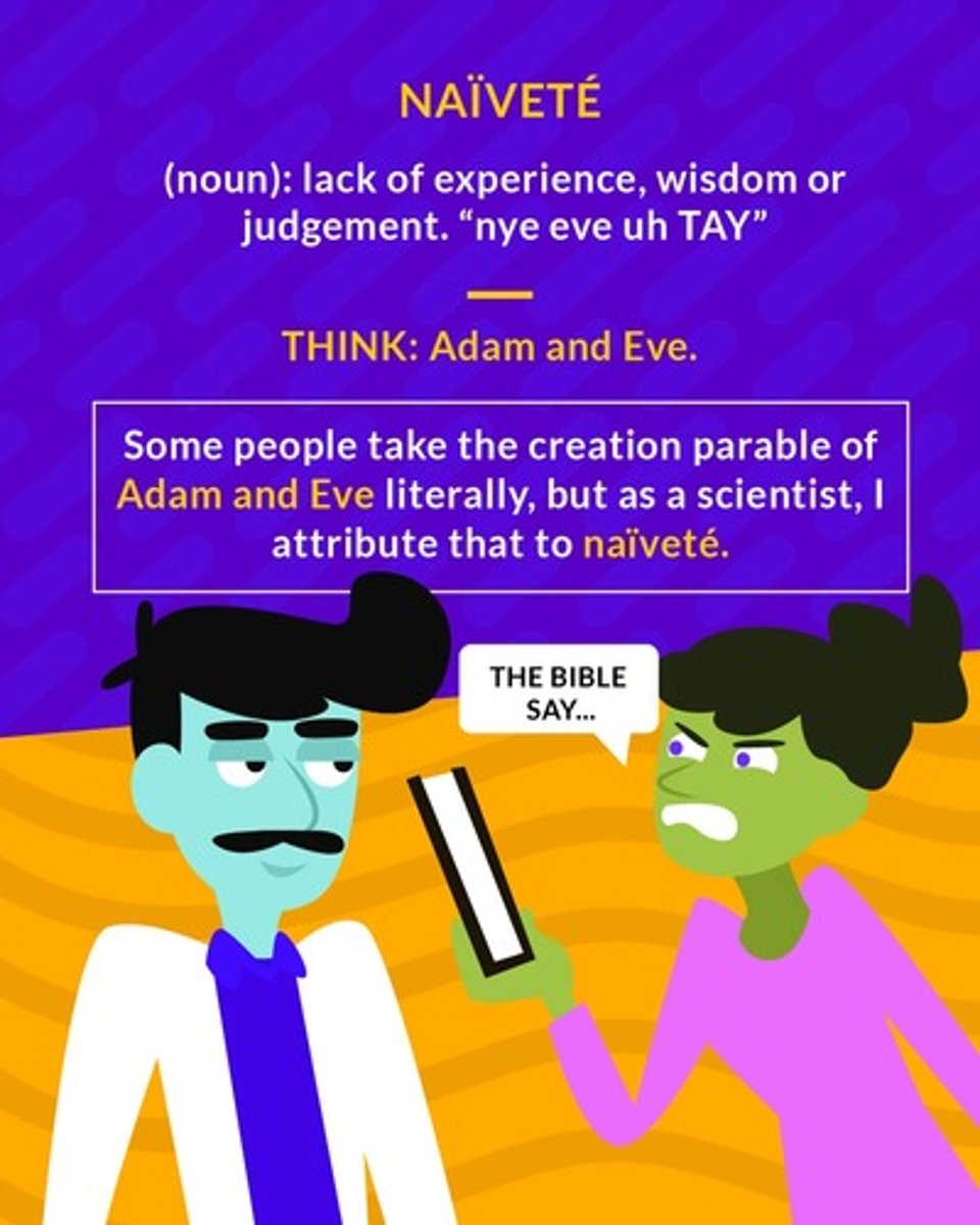 <p>unsophisticatedness, artlessness</p><p>(noun) lack of experience, wisdom or judgement</p>