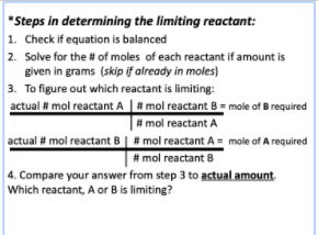 1. Balance equation
2. Calculate moles or mass of reactants
3. Calculate moles/mass of opposite reactant that is produced from using each reactant
4. Smaller production = limiting reagant
5. Use moles/mass of limiting reagant to calculate product
6. To find excess: subtract available moles/mass of excess with used moles/mass of excess