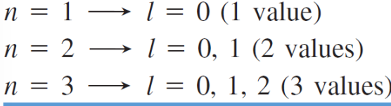 <p>l = angular momentum quantum number = 0, 1, 2, 3, …, n-1 = ___</p>