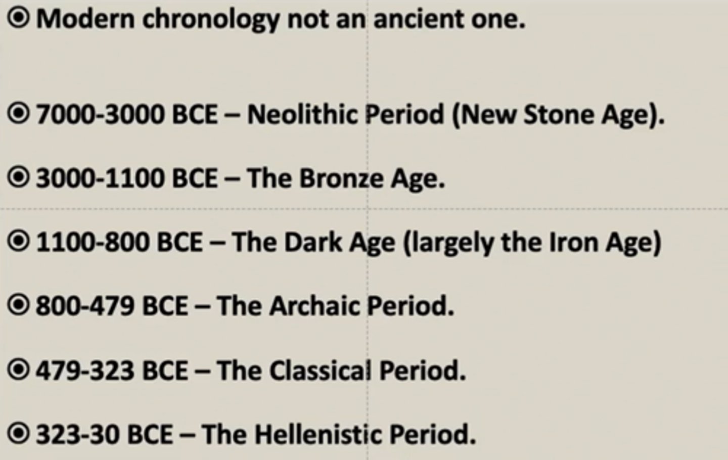 <p>1) Minoan period (prehistory - Bronze period, 2000-1500 BC)<br>2) Mycenaean period (ca. 150-1150 BC)<br>3) "Dark ages (1150-800 BC)<br>4) Archaic period (800 BC-514/490/479 BC)<br>5) Classical period (~500-323 BC).<br>6) Hellenistic period (323-31 BC)<br>7) Greece under Roman rule (31 BC - 529 AD)<br>8) Byzantine period (529 AD-1453 AD)</p>