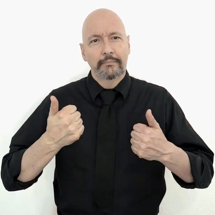 <p>Alternate raising your left and right hand while furrowing your eyebrows</p>