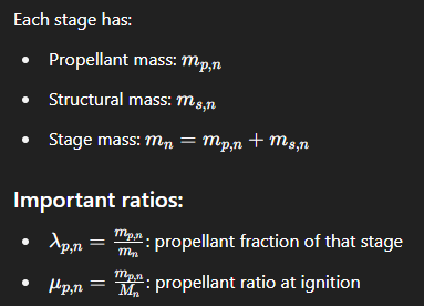 <ul><li><p>λp​: propellant fraction within the stage</p></li><li><p>μp: propellant ratio compared to total mass at ignition (includes upper stages)</p></li></ul><p></p>