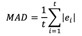 - average of absolute values of forecast errors
- measures the dispersion (variance) of forecasting errors
- positive and negative forecast errors do not cancel out each other
- smaller MAD = relatively more accurate forecasts
- larger MAD = relatively less accurate forecasts