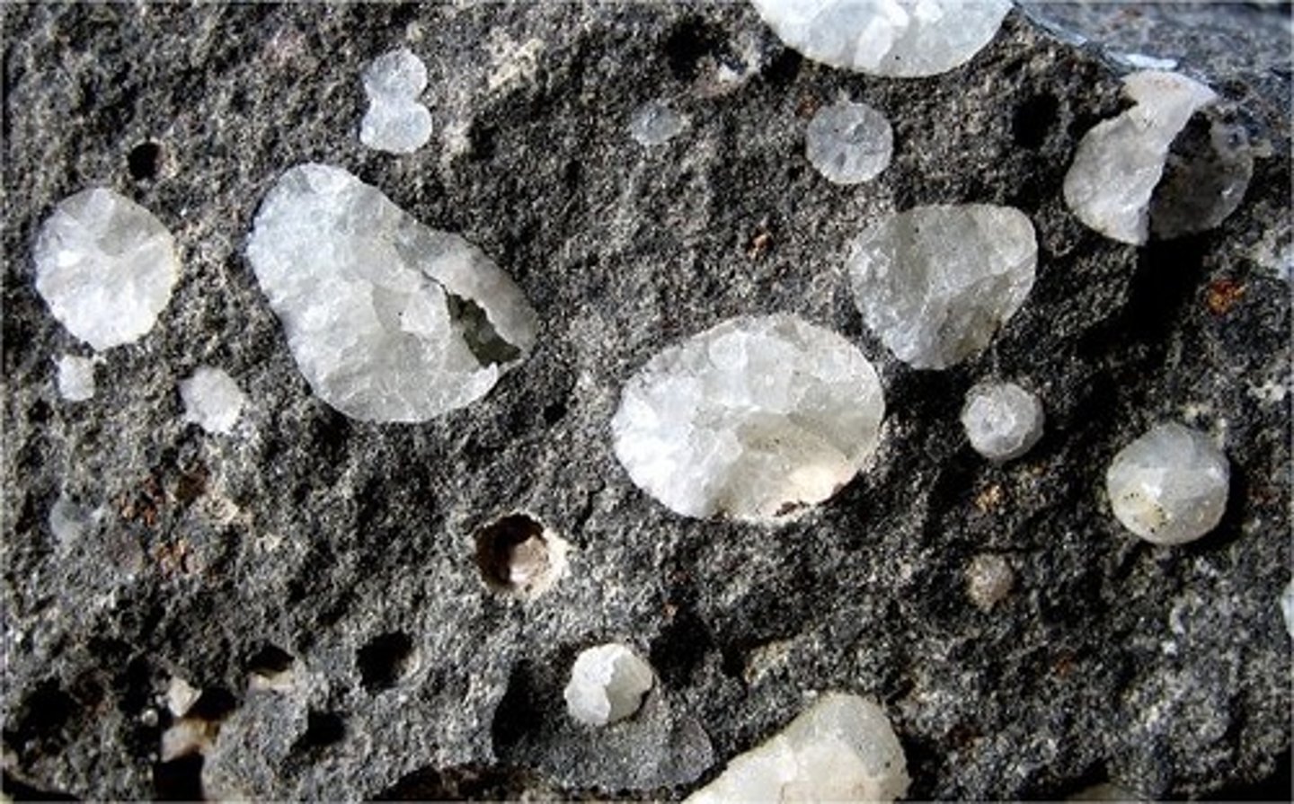 <p>A rock containing amygdules, almond shaped nodules (basalt)</p>