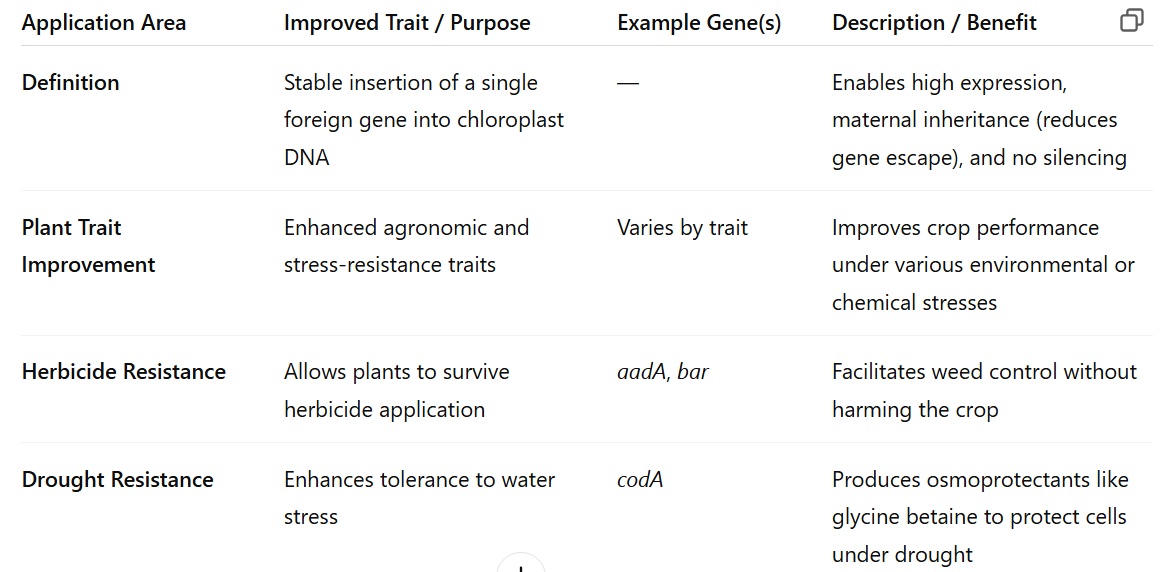<ul><li><p>plant traits</p></li><li><p>herbicide resistance</p></li><li><p>drought resistance</p></li><li><p>biopharmaceuticals</p></li><li><p>edible vaccines</p></li></ul><p></p>