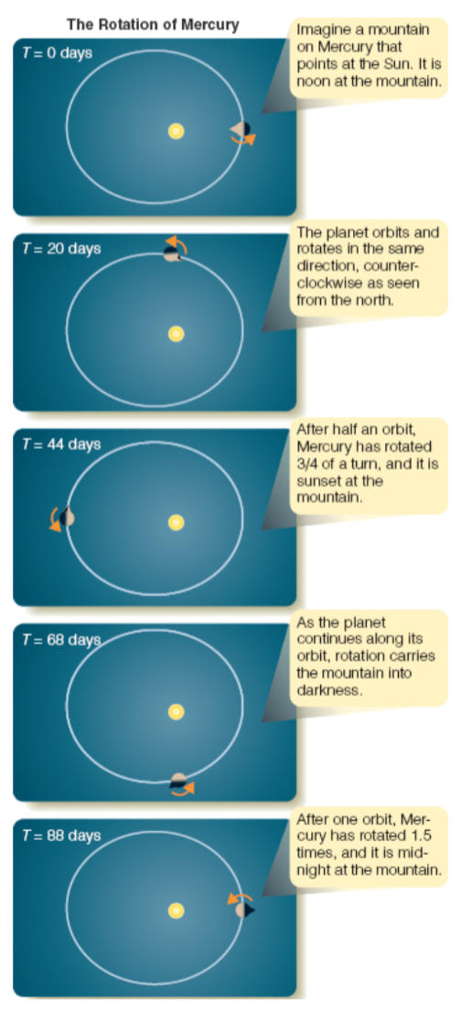 <p><span>tidally coupled to the Sun, rotating 1.5x per orbit</span></p><p><span>in 88 Earth days, Mercury completes one orbit around the Sun</span></p><p>in a 3:2 orbit-rotation resonance (<span>the Sun-Mercury tides slowed the rotation of Mercury and coupled its rotation to its revolution)</span></p>