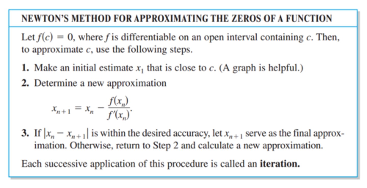 <p>x₁= x₀- f(x)/f'(x)</p><p>1. guess a root</p><p>2. find a y value for your guess</p><p>3. find the derivative for f'(c)</p><p>4. divide y value by derivative</p><p>5. subtract guess by y value divided by derivative</p><p>6. repeat until you get close to the actual root</p><p>GUESS - Y VALUE/DERIVATIVE</p>