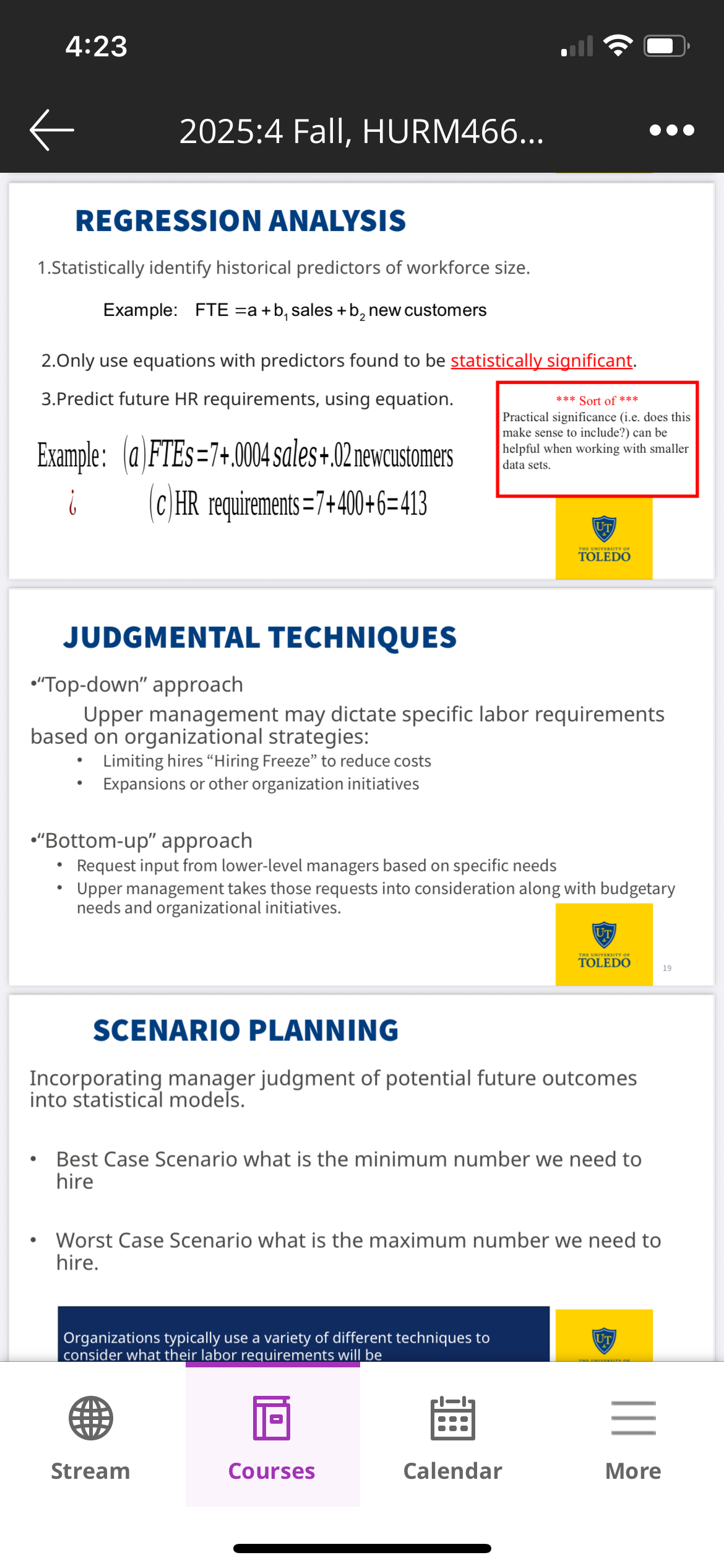 <p><span>REGRESSION ANALYSIS</span></p><ol><li><p><span>﻿﻿Statistically identify historical predictors of workforce size.<br>Example: FTE =a +b, sales + b2 new customers</span></p></li><li><p><span>﻿﻿Only use equations with predictors found to be statistically significant.</span></p></li><li><p><span>﻿﻿Predict future HR requirements, using equation.</span></p></li></ol>