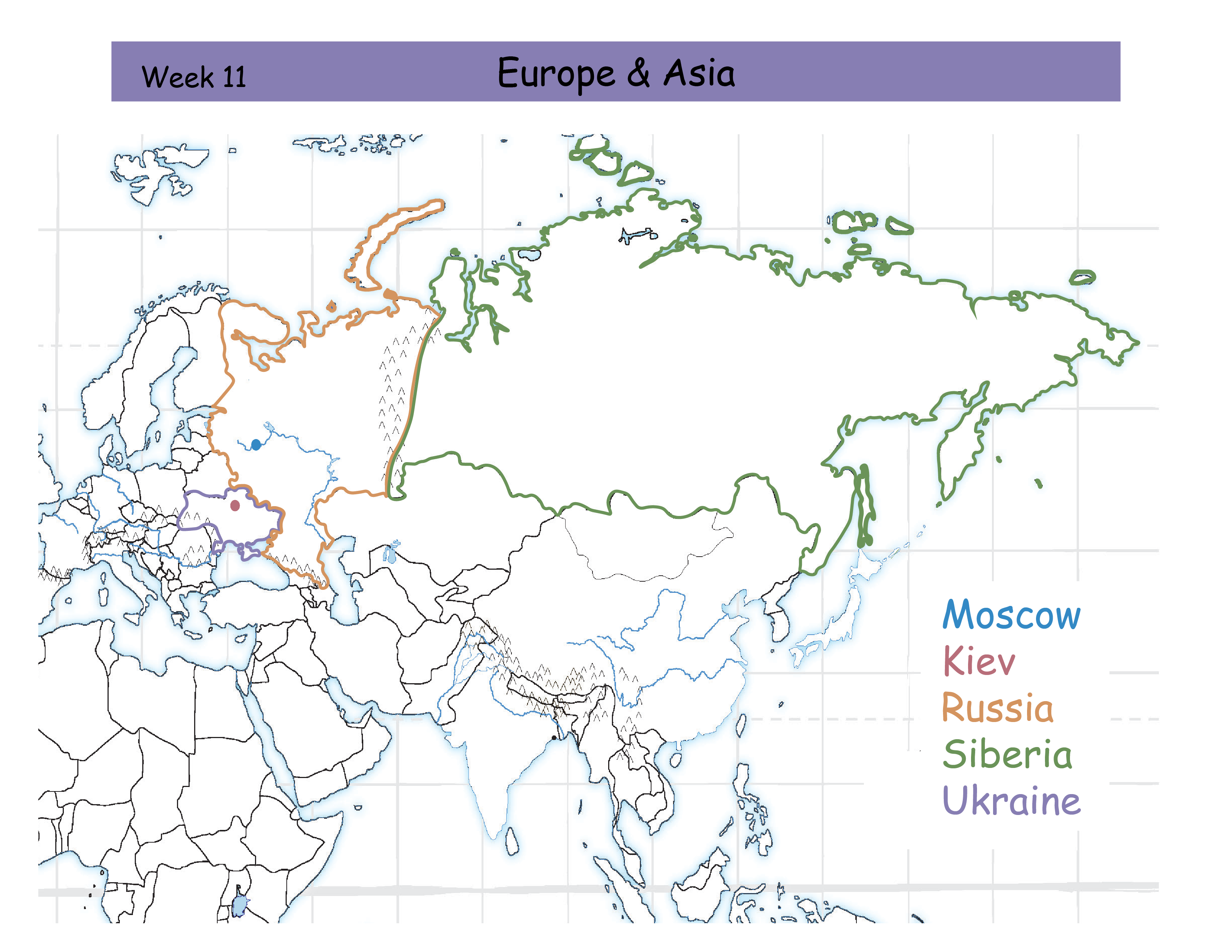 <p><mark data-color="green" style="background-color: green; color: inherit;">Siberia</mark>. Green outline. East of the Ural Mountains and part of the continent of Asia</p>