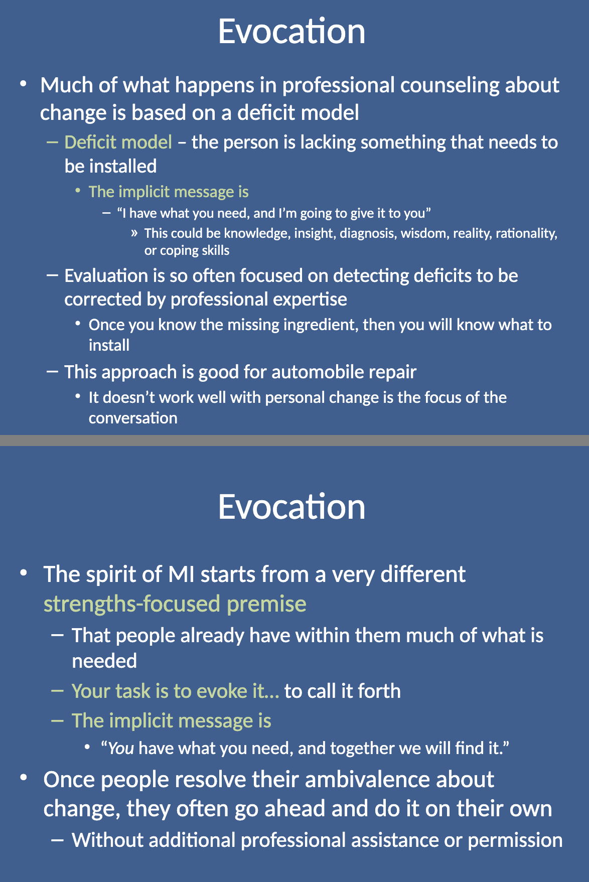 <p>The <strong>implicit message of the Deficit Model is</strong>: “I have what you need, and I’m going to give it to you.” This suggests the counselor or helper is the source of knowledge or solutions, rather than the person themselves.</p>