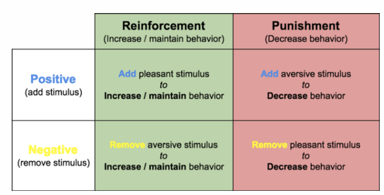 <p>reinforcement</p><p>positief</p><p> </p><ul><li><p>prettige stimulus toe te voegen</p></li><li><p>kamer opruimen zakgeld krijgen</p></li></ul><p></p><p>negatieve </p><ul><li><p>aversieve stimulus weg neemt</p></li><li><p>aspirientje hoofdpijn weg > versterkt gedrag</p></li></ul><p></p><p>heel krachtig!! kunt steeds complexer maken == shaping </p><p></p><p></p><p>punishment </p><p>positief</p><ul><li><p>boos wordt als kinderen ruzie maken</p></li><li><p>minder ruzie maken</p></li></ul><p></p><p>negatief</p><ul><li><p>fijne stimulus wegnemen</p></li><li><p> </p></li></ul><p>straffen is wel complex, met straffen leer je misschien wel hett ongewenste gedrag af, maar je leert niet zo goed wat mensen of dieren wel moeten doen!</p><p></p><p>soms duidelijk : te hard rijden boete</p><p>ruzie maken : miss minder ruzie maken, maar leert niet wat ze wel moeten doen</p>
