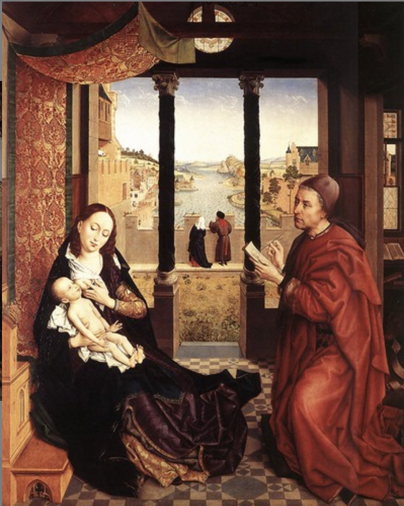 * Compositional space in this piece emphasizing God (he’s always there even if you can't see him)
  * Lateral movement on surface of the painting compared to axial background forms the shape of a cross
* Who are the people in the background facing out? Could it be a way for van der Wine to draw the viewer in and almost have themselves picture that they’re there within the scene?
* Our eye moves farther and farther back like it can just keep going, Northern European interest in landscapes