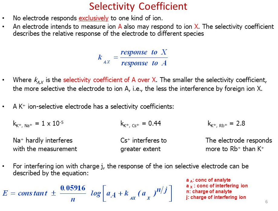 <p>Relative Response to different species of the same charge, plug into Nerst Equation to Correct</p><p>k Pot A,X = reponse to X (interferring)/ Reponse to A (ion you want to see a response to). </p><p>You want K to be small</p><p></p>