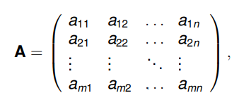 <p>Necht’ X je libovolná množina a m, n ∈ N. Maticí typu m × n, nebo též m × n-rozměrnou maticí nad množinou X rozumíme obdélníkovou tabulku A = (a<sub>ij</sub>)<sub>m×n</sub> nebo A = (a<sub>ij</sub>) (nebo viz foto), sestávající z prvků množiny X.</p>