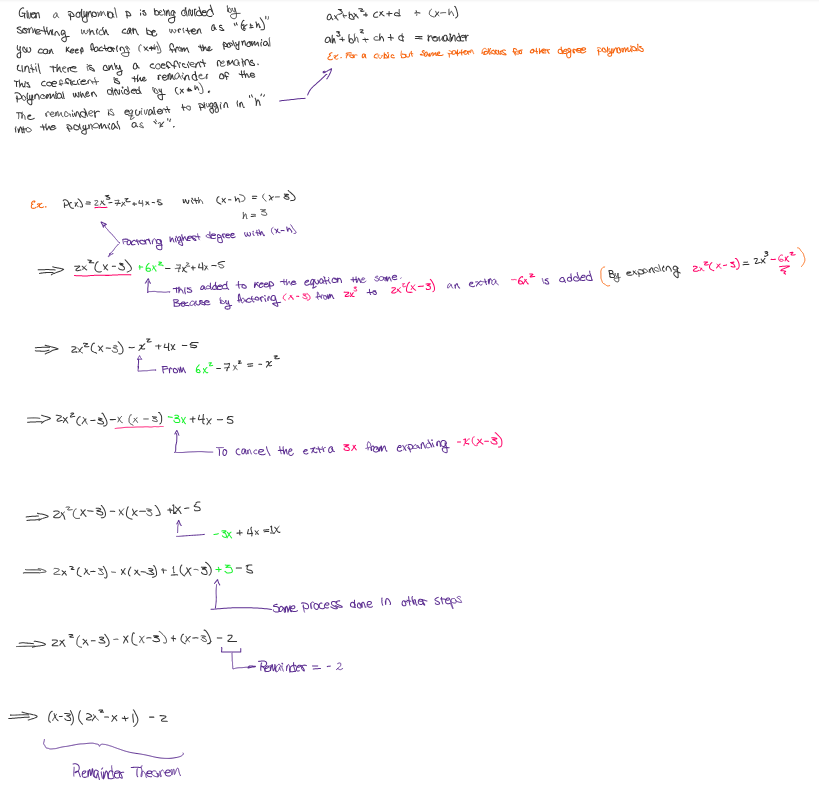 Given a Polynomial p is being divided by something which can be written as (x±h) you can keep factoring (x±h) from the polynomial until there is only a coefficient remains. This coefficient is the remainder of the polynomial when divided by (x±h) . The remainder is equivalent to plugging in “h” into the polynomial as “x”. 