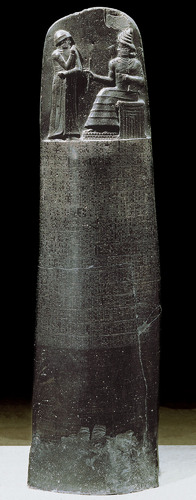 <p>-Basalt -1780 BCE -Babylonian -Steele refers to whole thing -Code is the bottom -The god is giving Hammurabi the code -The bottom has writing</p>