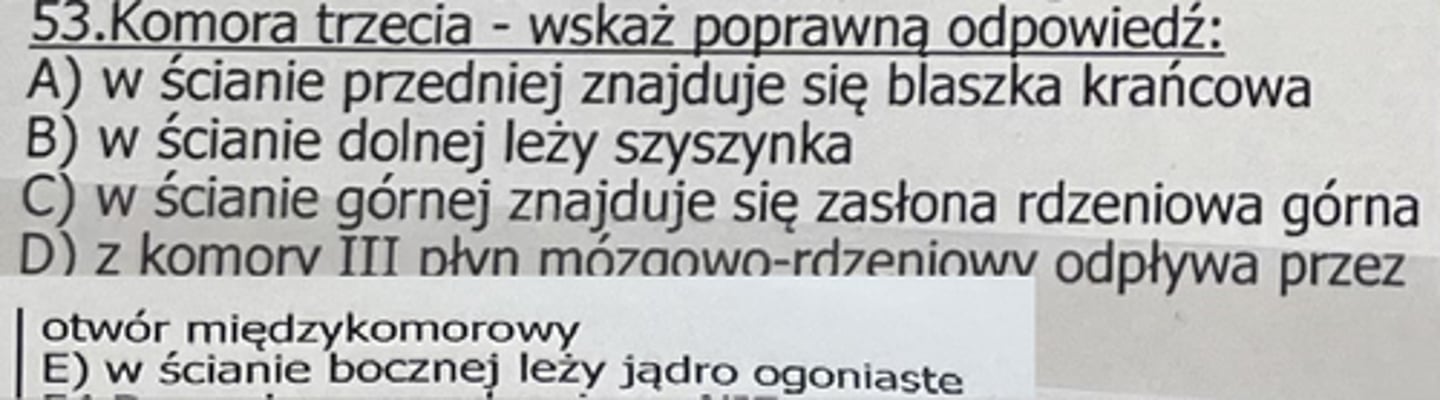 <p>53</p><p>Szyszynka leży na tylnej ścianie komory trzeciej.</p><p>Zasłona rdzeniowa górna leży na dnie komory trzeciej.</p><p>W ścianie bocznej komory trzeciej leży wzgórze i podwzgórze.</p><p>Wodociąg mózgu łączy komorę trzecią z komorą czwartą.</p>
