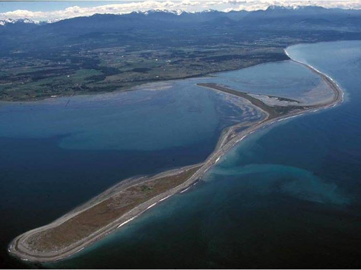 Linear ridges of sand or shingle beach stretching into the sea beyond a turn in the coastline but connected to the land at one end