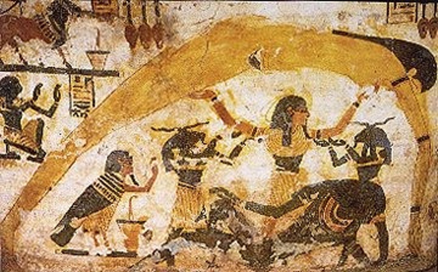 <p>Egyptian earth god produced by Shu and Tefnut. Contrary to the usual depiction of a female earth goddess, he's male and usually portrayed with Nut as a long male human-like figure lying down on the floor</p>