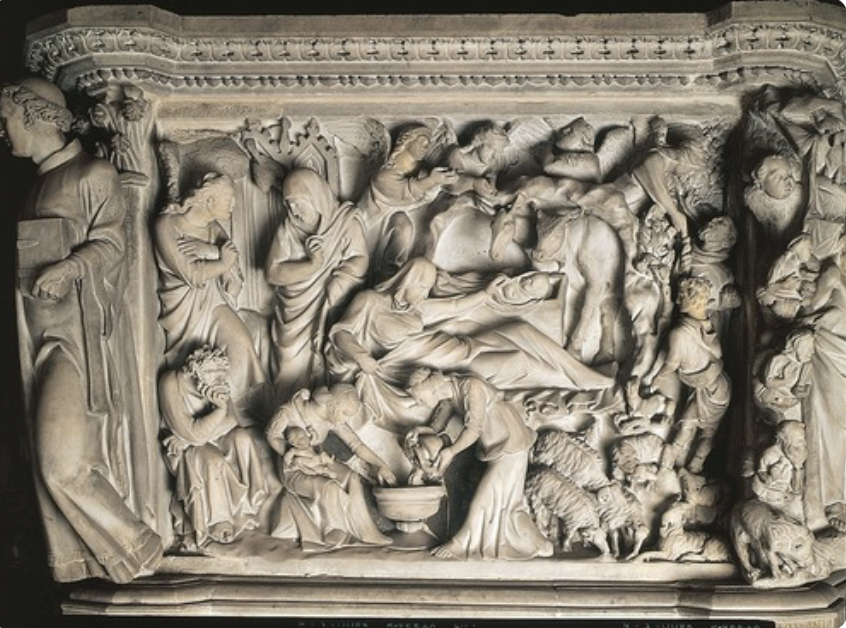 * Figures are relatively similar in size compared to the previous piece
* Still shows hierarchy with Mary in the middle and everyone looking at her
* Much more space and not as compact compared to the previous piece
* Remnants of a contrapposto pose?