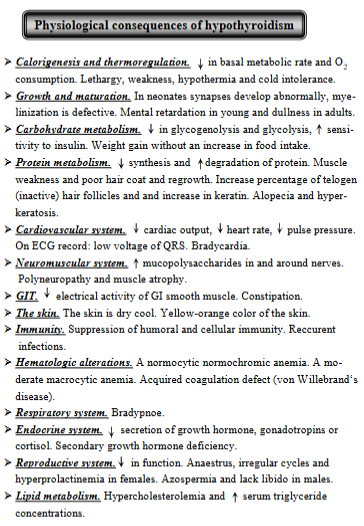 <p>Comes from<strong> pituitary dysfunction</strong>. (not from thyroid gland itself). The pituitary does not produce enough TSH, which is needed to tell thyroid to make hormones.</p><p><strong>Causes</strong>: Pituitary destruction, tumors, isolated TSH deficiency, Congenital pituitary malformation (panhypopituitarism) - birth defect.</p><p><strong>Physiological consequences:</strong></p><ul><li><p>Calorigenesis + thermoreg.: decreased basal metabolic rate + O2 consumption → <span style="color: blue">cold intolerance, hypothermia, weak.</span></p></li><li><p>Growth + maturation: <span style="color: blue">abnormal synapse development,</span> mental retardation in young, dullness in adults</p></li><li><p>carbohydrate metabolism: <span style="color: blue">decreased glycogenolysis + glycolysis</span></p></li><li><p>neuromuscular: <span style="color: blue">polyneuropathy + muscle atrophy</span></p></li><li><p><span style="color: blue">GIT: constipation</span></p></li><li><p><span style="color: blue">dry, cool and yellow-orange colored skin,</span> bradypnea</p></li><li><p>decreased GH, cortisol, gonadotropins, secondary GH deficiency. decreased reproductive function. </p></li></ul><p></p>