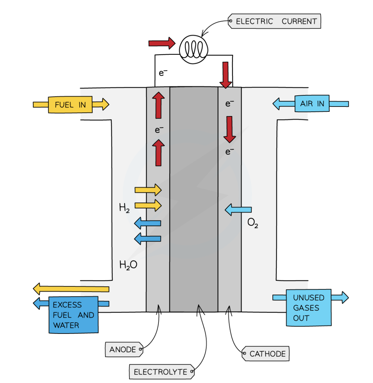 <p> uses hydrogen + oxygen → produce electricity with water as the only chemical product</p>