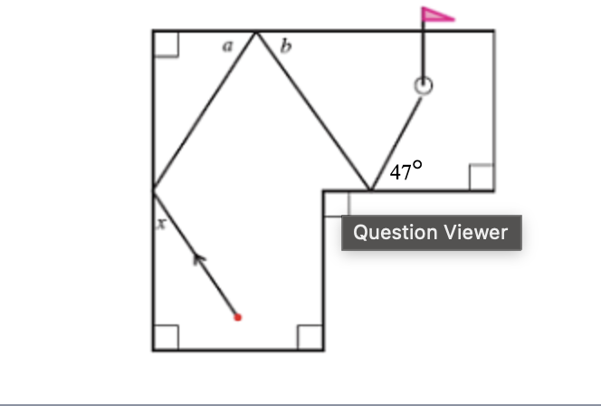 <p><span style="background-color: transparent !important;"><span>Find the measure of angle x to make a​ hole-in-one at the miniature golf course hole to the right. Use the following two facts to find x.</span></span></p><p><span style="background-color: transparent !important;"><span>​1) The angle the ball makes as it hits a flat surface has the same measure as the angle the ball makes as it leaves the surface.</span></span></p><p><span style="background-color: transparent !important;"><span>​2) The sum of the measures of the interior​ (inside) angles of a triangle totals​ 180°.</span></span></p>