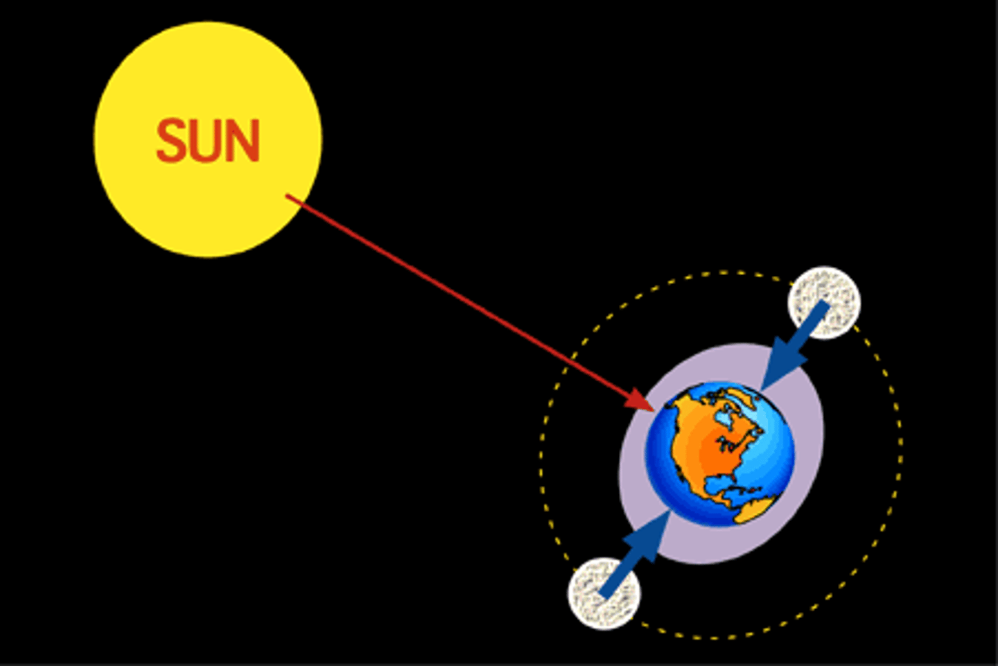 <p>Tides that occur when the sun and moon are at right angles with the Earth, producing lower high tides.</p>