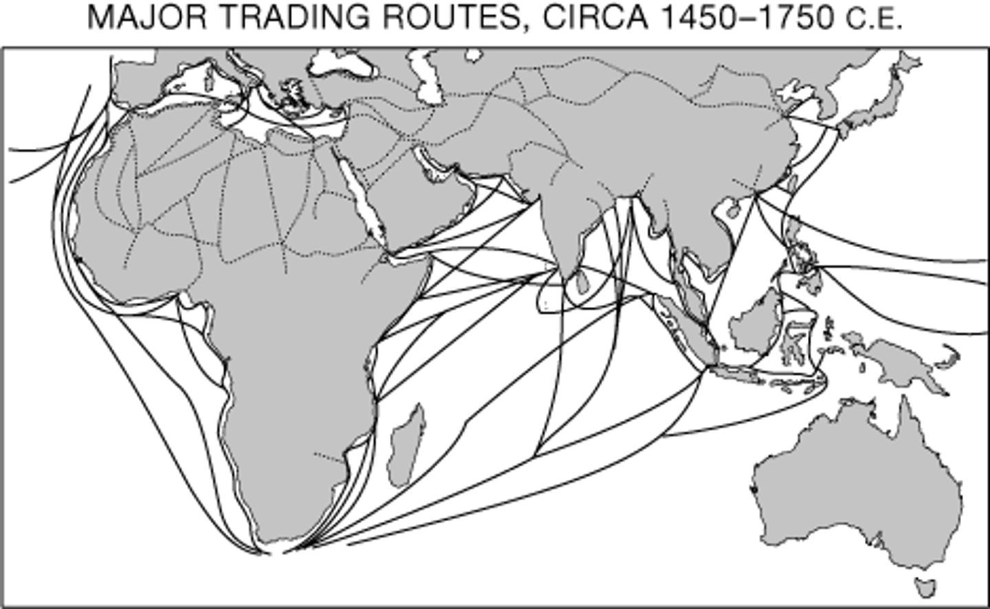 <p>a. Trade routes extending east and west from Eurasia toward the Americas</p>