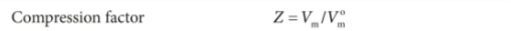 <p>Helps summarise the extent of deviations from perfect behaviour</p><p>compression factor = measured volume (molar volume)/calculated volume of a perfect gas</p>