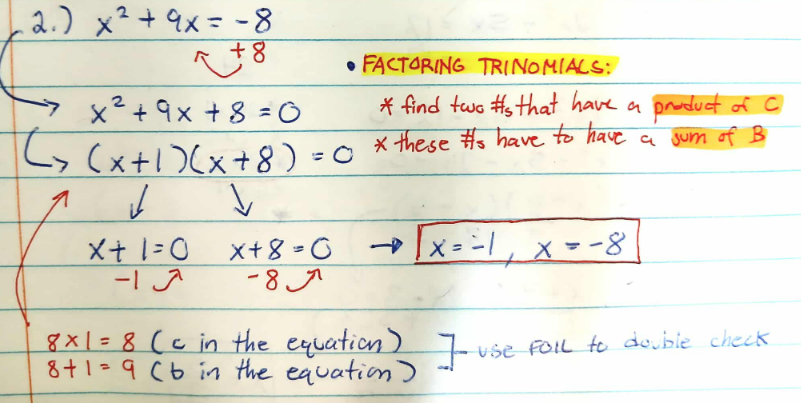 <ol><li><p>write the given in standard form (ax² + bx + c)</p></li><li><p>find two numbers that have a product of c, and have a sum of b</p></li><li><p>find the two possible values for x</p></li></ol><p></p>