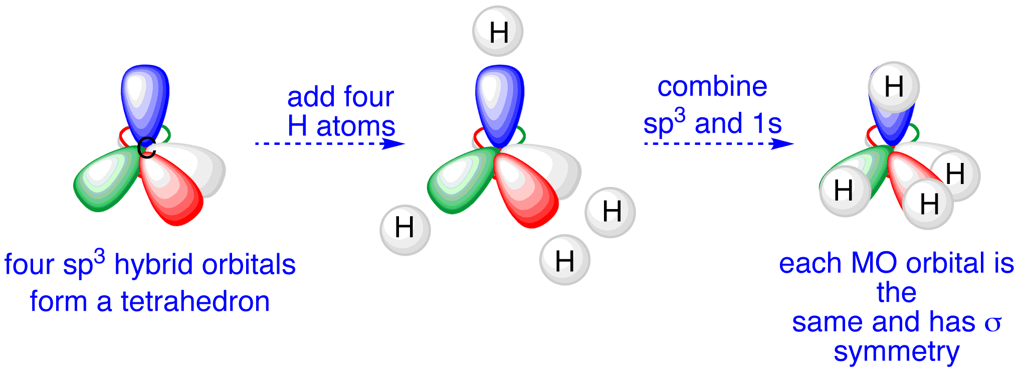 <p>one s orbital and three p orbitals are combined to form four hybrid orbitals</p><ul><li><p>109.5 degrees</p></li><li><p>tetrahedral </p></li><li><p>CH4</p></li></ul><p></p>