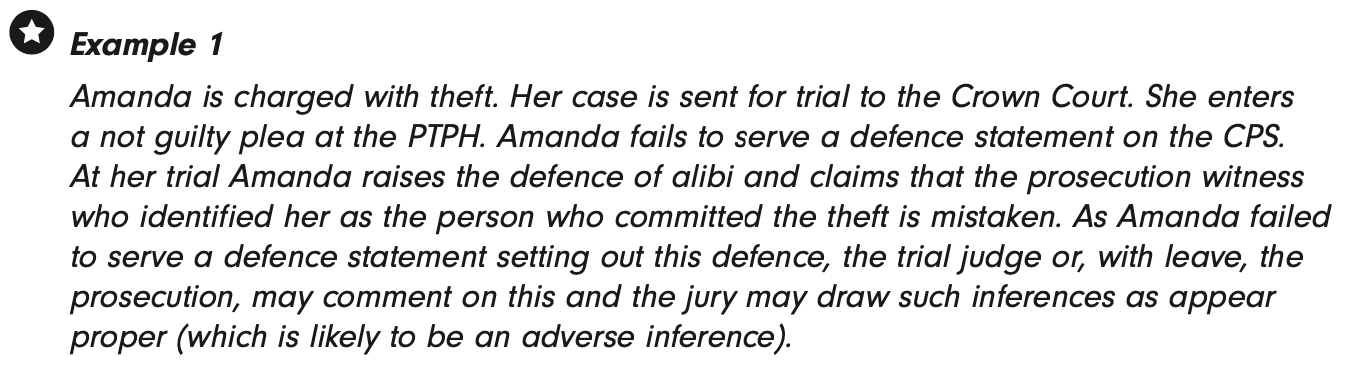<p>Occurs upon ‘faults’:</p><ul><li><p>Fail to provide statement at all;</p></li><li><p>Late service;</p></li><li><p>Incomplete statement;</p></li><li><p>Statement inconsistent with trial defence;</p></li><li><p>Fail update statement.</p></li></ul><p>Court or other party (PR / co-accused) <strong><u>with</u></strong> <strong><u>leave</u></strong> can draw inference. Need court’s permission. Does not arise automatically. </p>