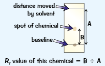 <p>Rf = distance travelled by solute/distance travelled by solvent</p><ol><li><p>To find distance travelled by solute, measure from <strong>baseline</strong> to <strong>centre of spot</strong></p></li><li><p>Chromatography often used to see if certain substance is in mixture<br>Run a <strong>pure sample </strong>of substance you think might be in mixture alongside sample of mixture itself<br>If sample has same Rf values as one of the spots, they’re likely to be <strong>same</strong></p></li></ol>