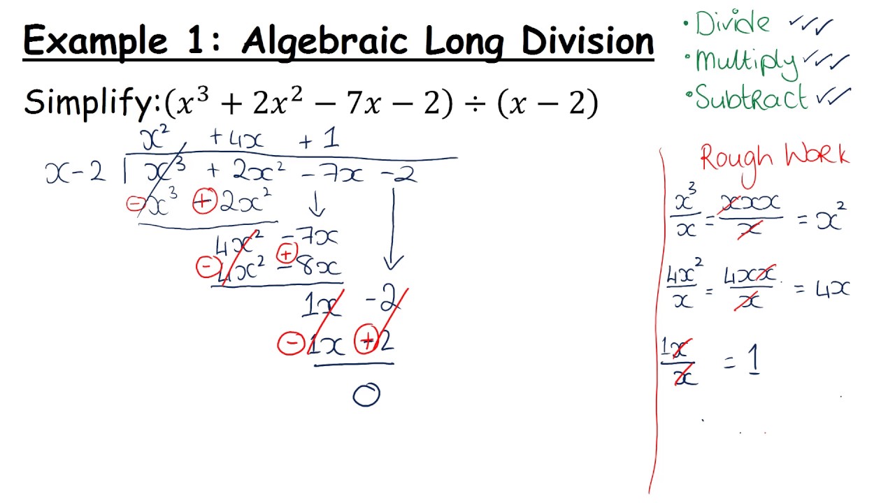 <p>Divide the highest degree by the car, take the amount it goes into it and distribute to the divisor as well as putting on top, then subtract that from the dividend and so on</p>