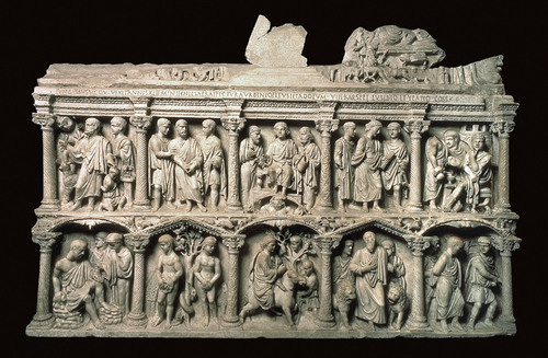<p>one of the earliest forsm of christian sculpture, for an important christian figure. decorated with themes of teh good shephard, and old test narratives read as prophecy for the christian religion. utilization of Old Test NArratives= TYPOLOGY. roman organizational techniques, two registers, roman architecture HOLDS narratives. figures are made to t=look like baby dolls- Neo Platonism</p>