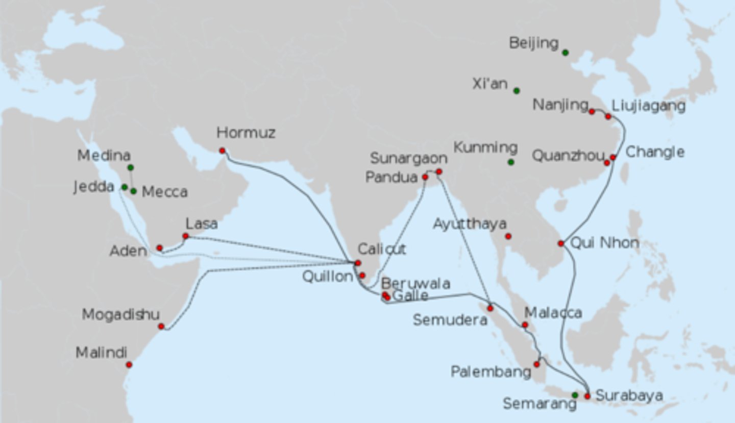 <p>-An imperial eunuch and Muslim, entrusted by the Ming emperor Yongle with a series of state voyages that took his gigantic ships through the Indian Ocean(very powerful ships)</p><p>-from Southeast Asia to Africa</p><p>-to enroll other countries to China's tributary system</p><p>-it showed China's power but did not intervene or create hostility</p><p>-it suddenly ended tho</p>