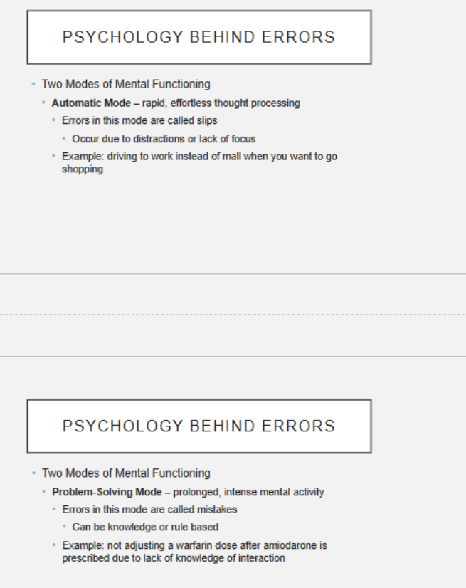 <ol><li><p>automatic mode: rapid, effortless thought processing</p><ul><li><p>errors called slips</p></li></ul></li><li><p>problem-solving mode: prolonged, intense mental activity</p><ul><li><p>errors called mistakes</p></li></ul></li></ol><p></p>